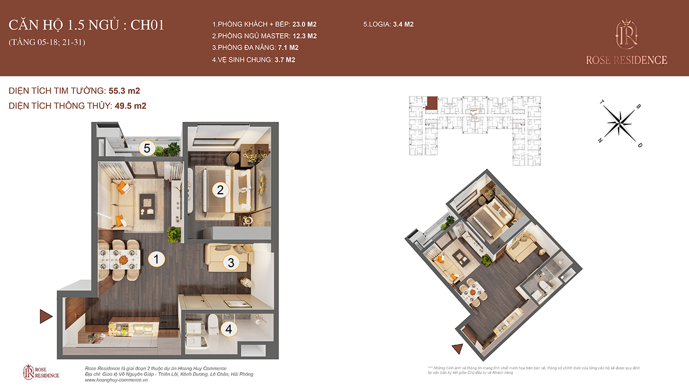 Mặt bằng CH01 Rose Residence - 1PN+1