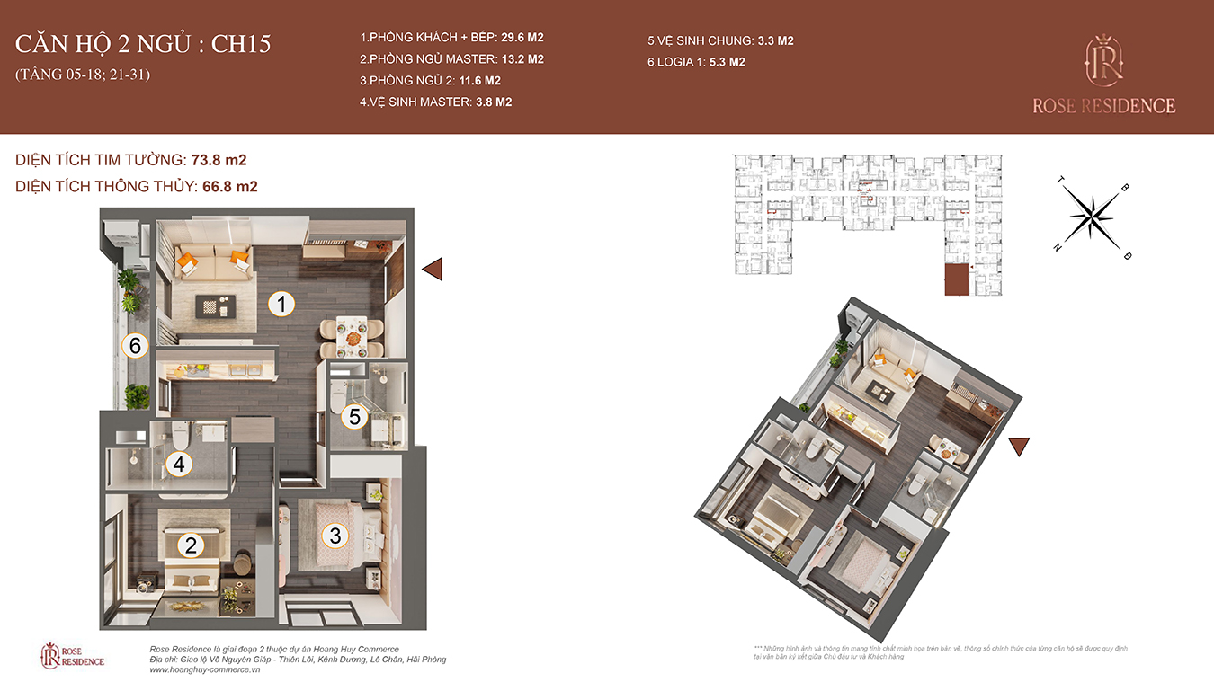 Mặt bằng CH15 Rose Residence - 2PN