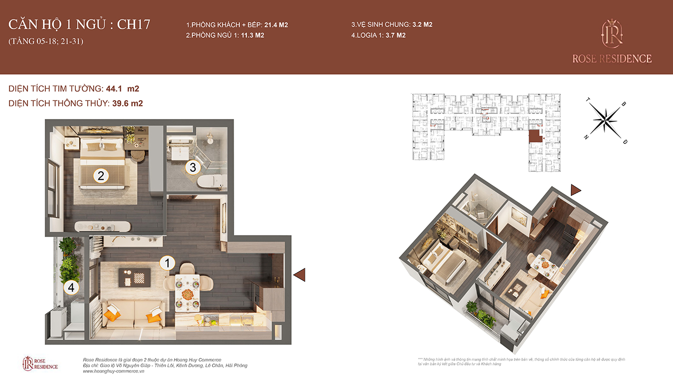 Mặt bằng CH17 Rose Residence - 1PN