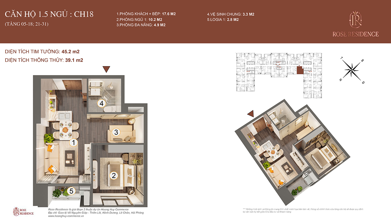 Mặt bằng CH18 Rose Residence - 1PN+1