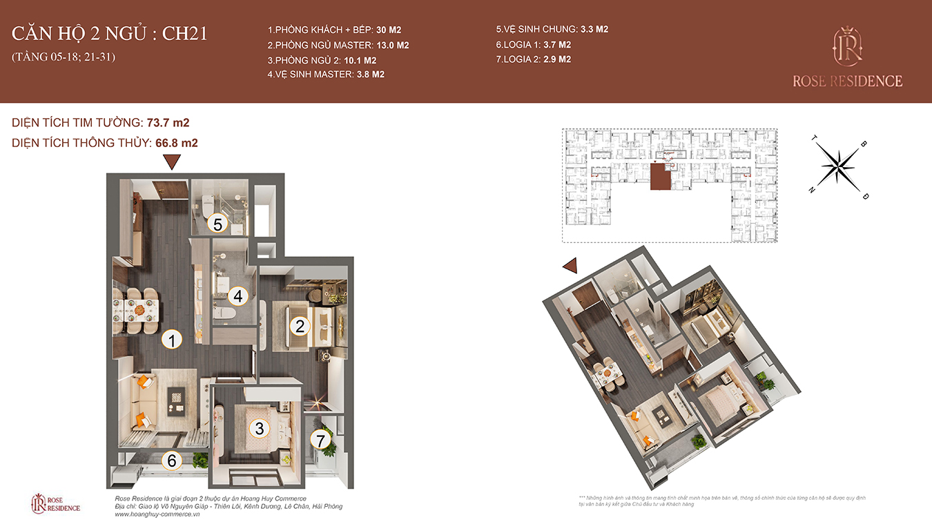Mặt bằng CH21 Rose Residence - 2PN
