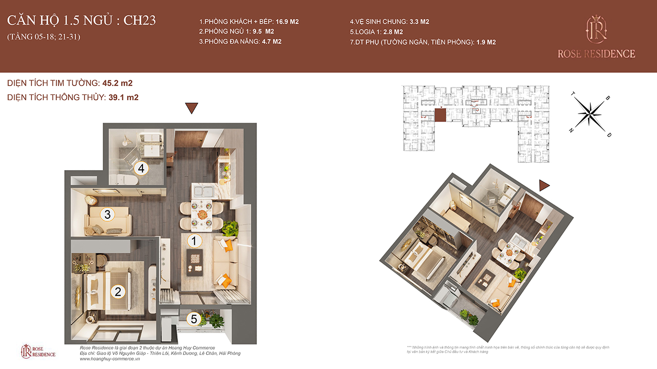 Mặt bằng CH23 Rose Residence - 1PN+1