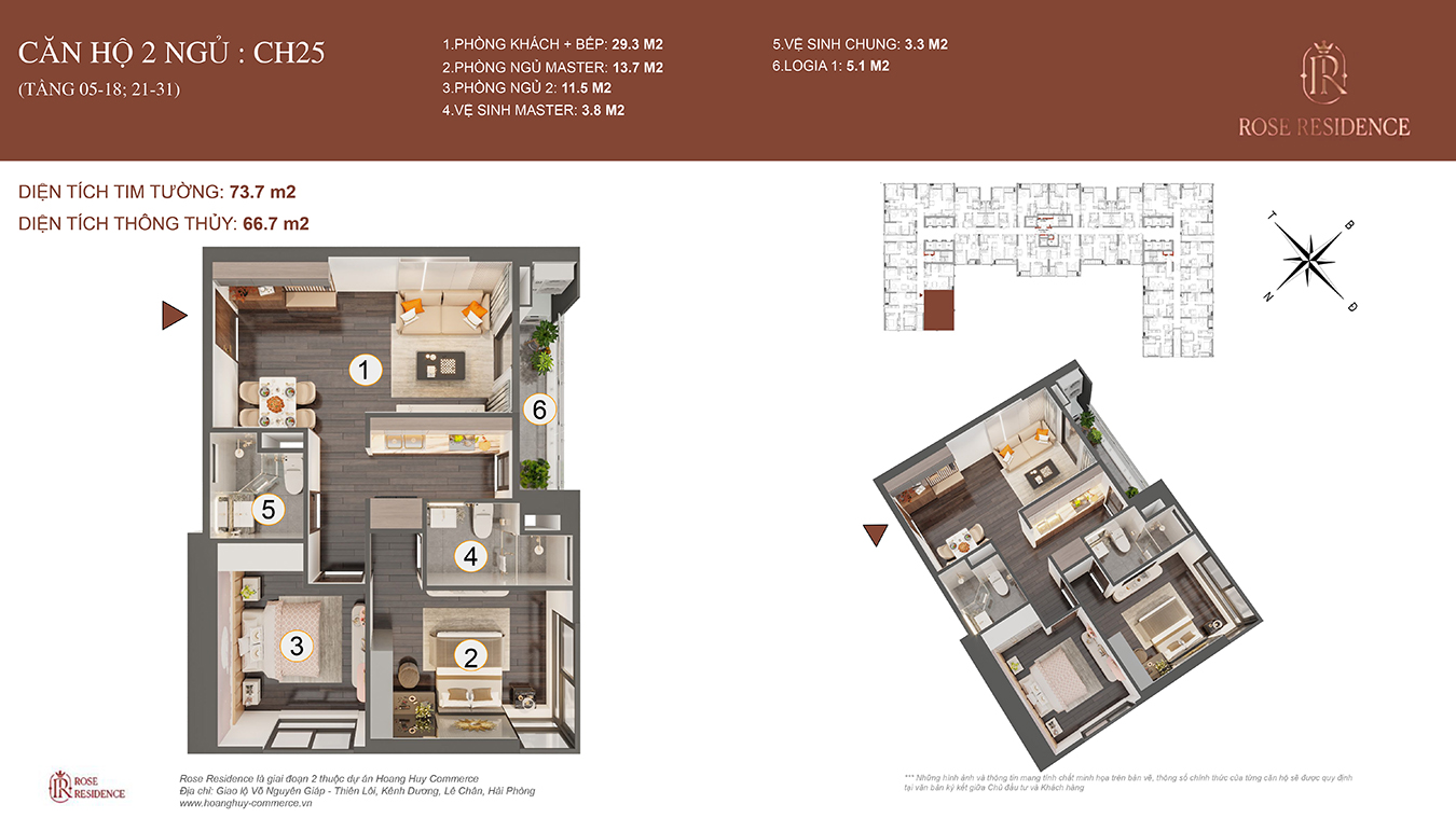 Mặt bằng CH25 Rose Residence - 2PN