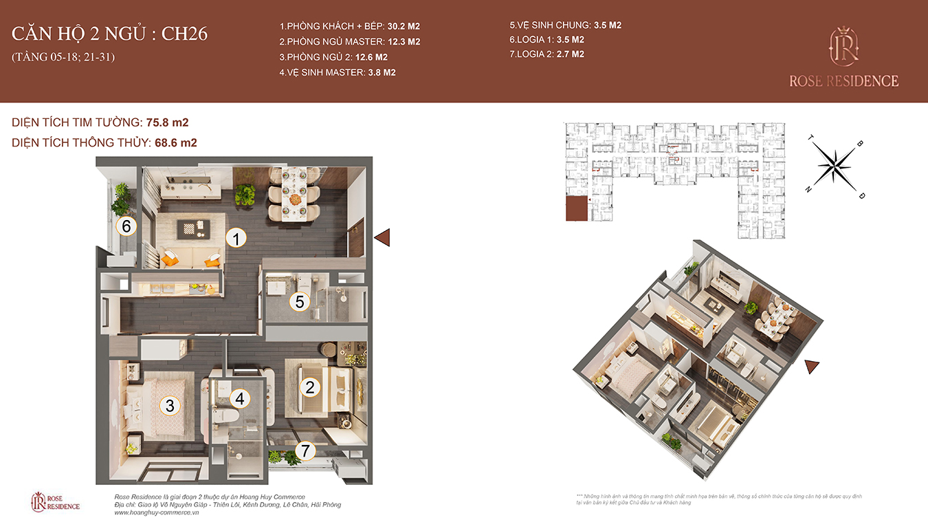 Mặt bằng CH26 Rose Residence - 2PN