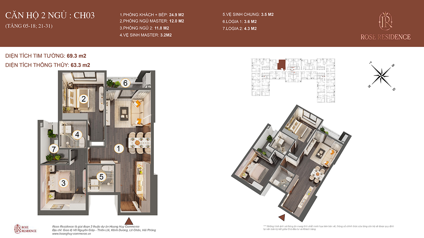 Mặt bằng CH03 Rose Residence - 2PN