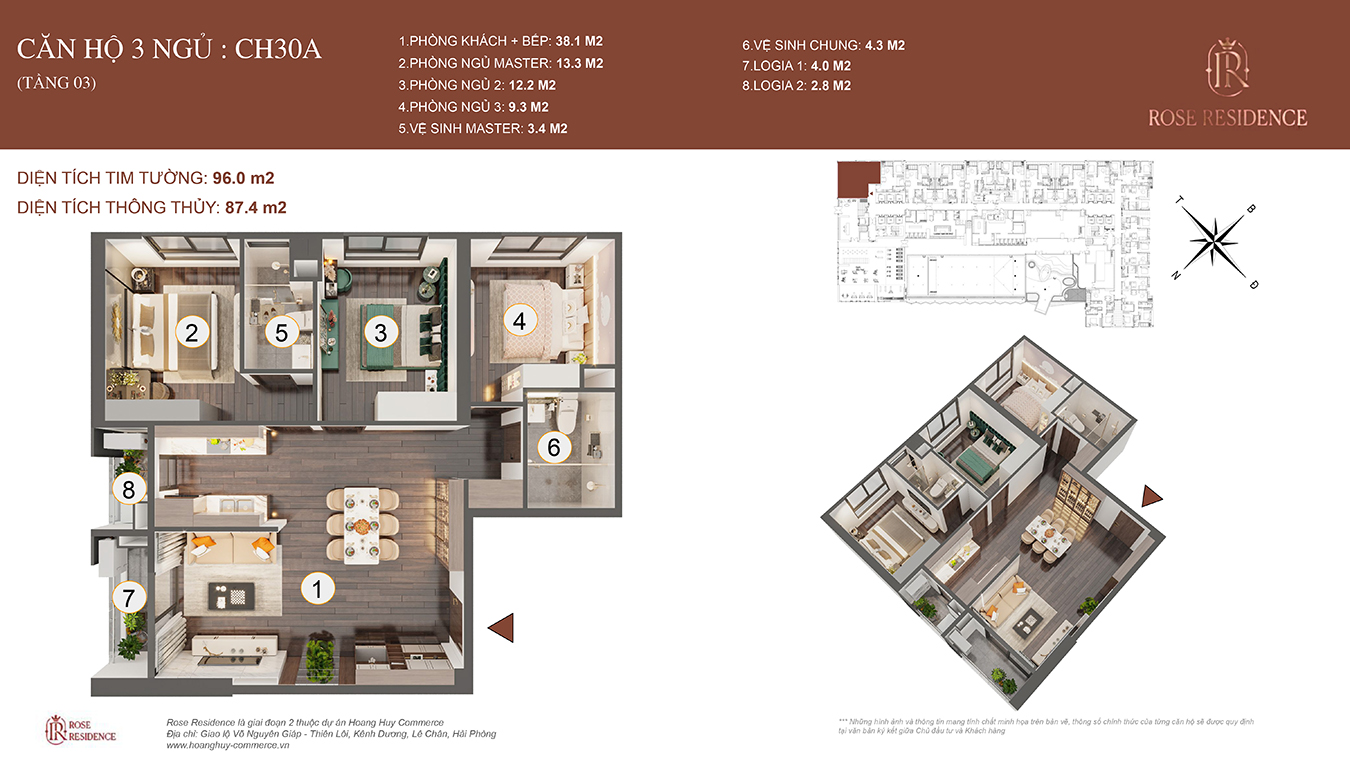 Mặt bằng CH30A Rose Residence - 3PN