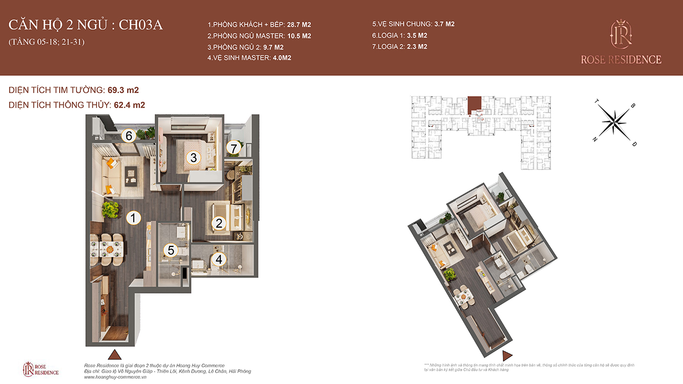 Mặt bằng CH03A Rose Residence - 2PN