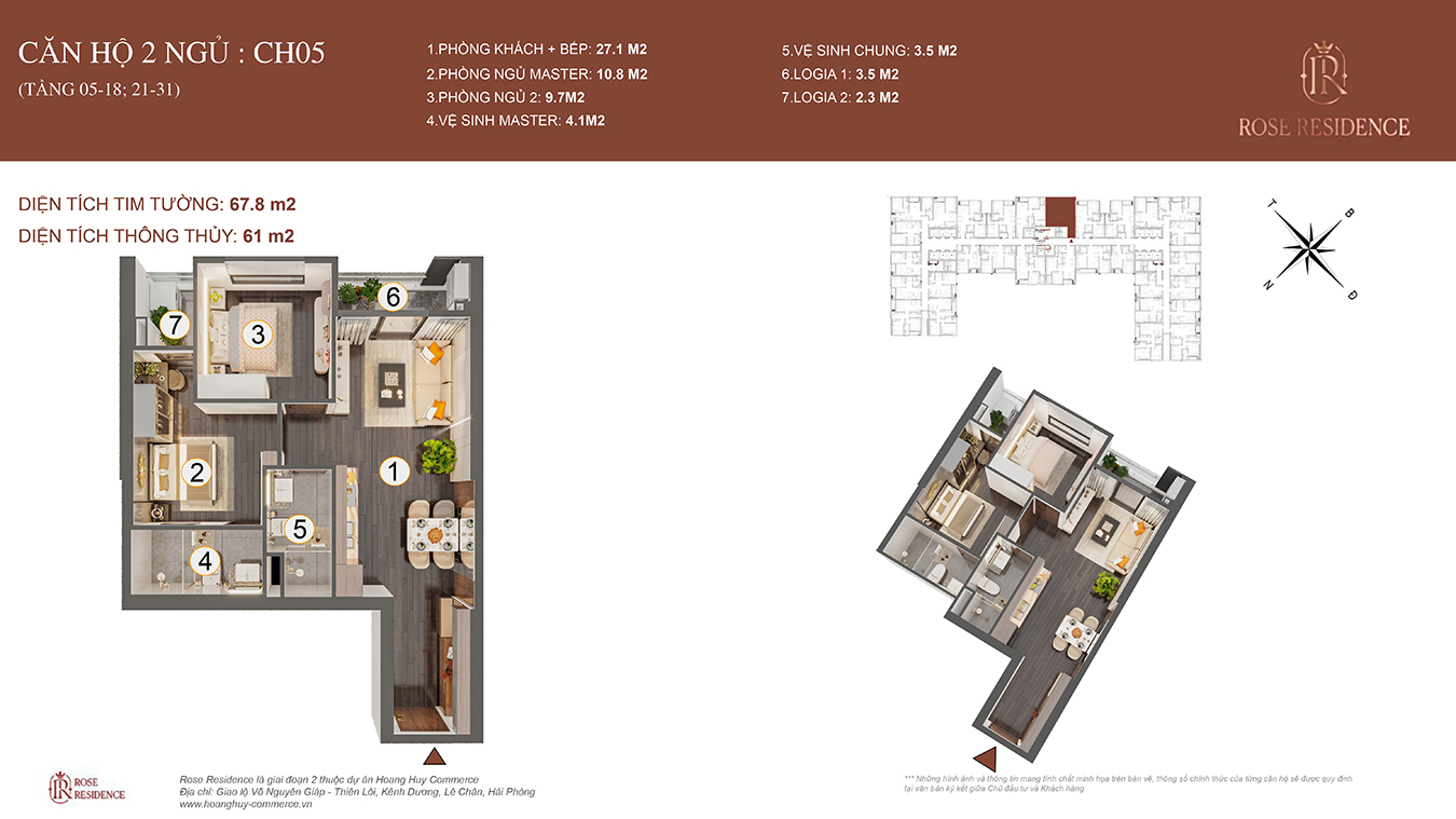 Mặt bằng CH05 Rose Residence - 2PN