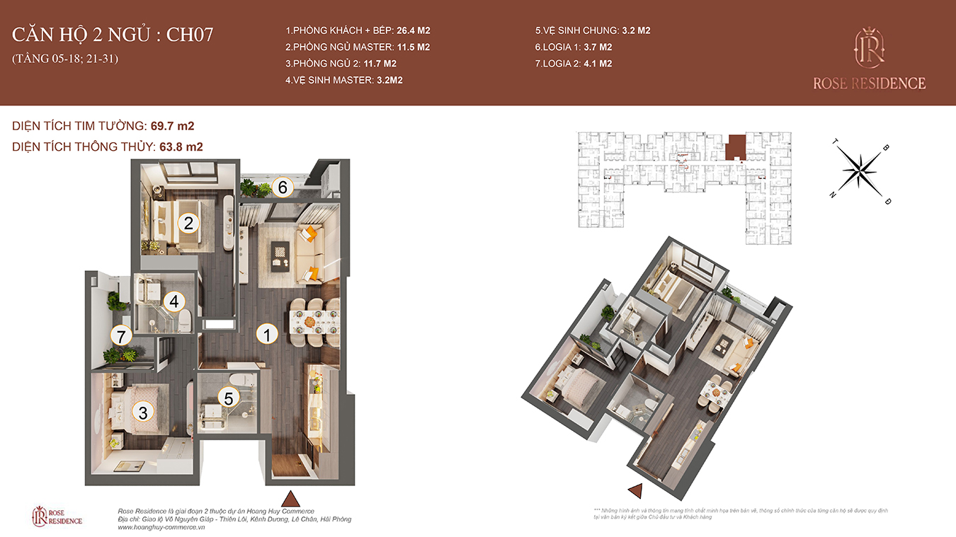 Mặt bằng CH07 Rose Residence - 2PN