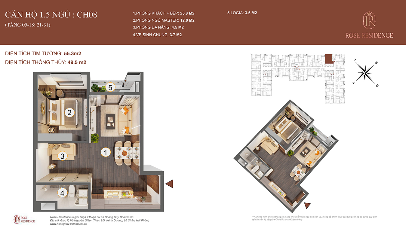 Mặt bằng CH08 Rose Residence - 1PN+1