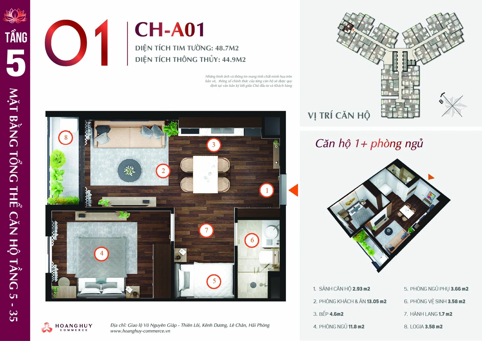 Thiết kế căn hộ nhóm 1 đến 1,5 phòng ngủ Hoàng Huy Commerce