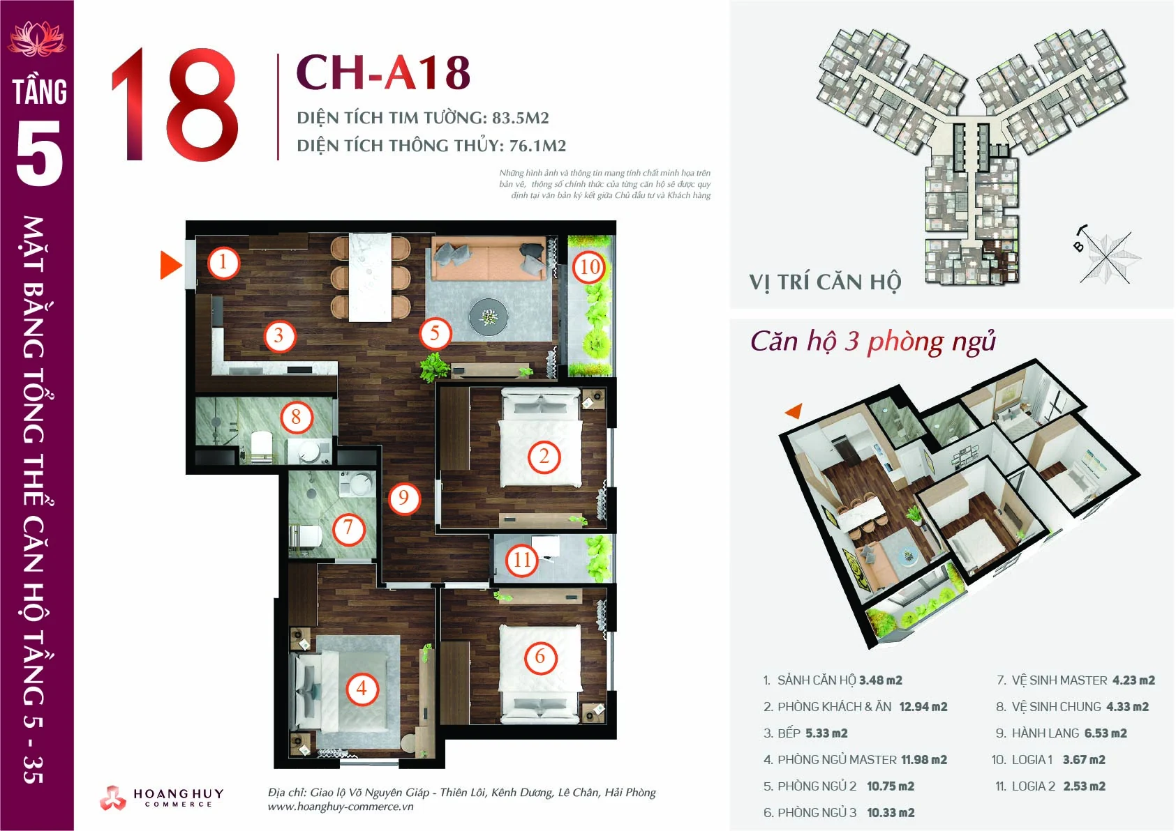 Thiết kế căn hộ 3 phòng ngủ Hoàng Huy Commerce